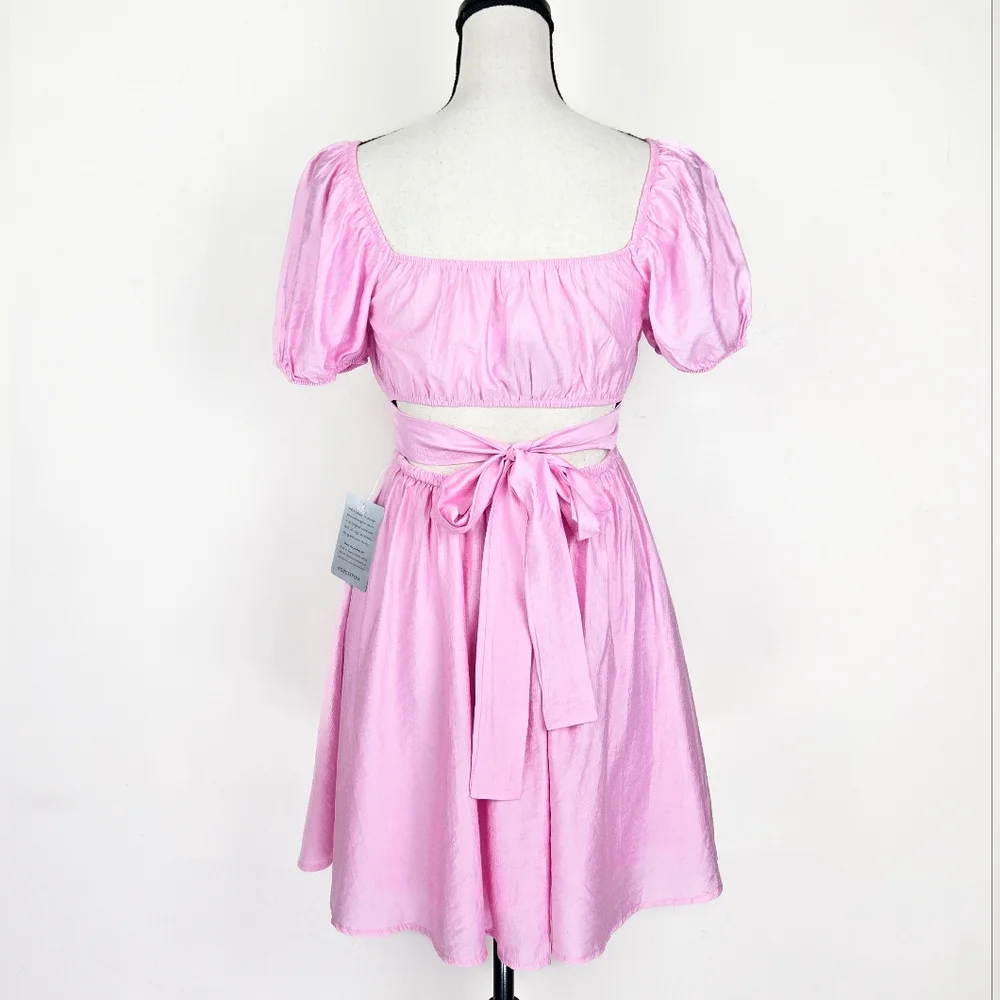 🦋LAST🦋 NWT Blu Pepper Puff Sleeve Tie Back Mini Dress, Pink, Size Medium - Picture 5 of 5